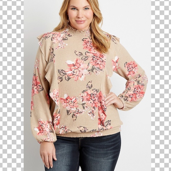 PlusSz 0x Ruffle Mock Neck w Smocking - Picture 3 of 13